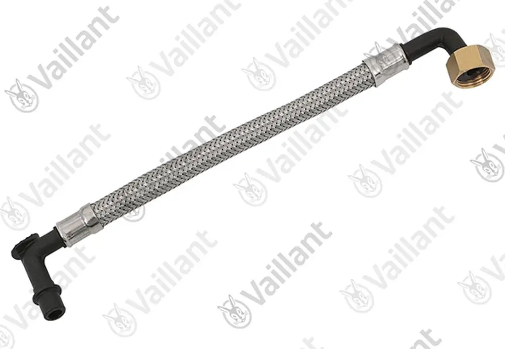 Vaillant Schlauch mit flexibler Edelstahlumwicklung und angeschlossenen Fittings, geeignet für Heizungs- oder Sanitäranwendungen.